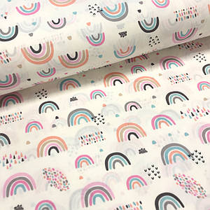 Тканина поплін рожево-бірюзові веселки з точками на білому (ТУРЦІЯ шир. 2,4 м)(R-FR-0049)