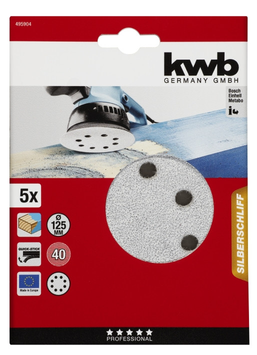 Наждачний папір до ексцентрикової шліфмашини 125 мм, Р40, 5 шт, KWB (495904)
