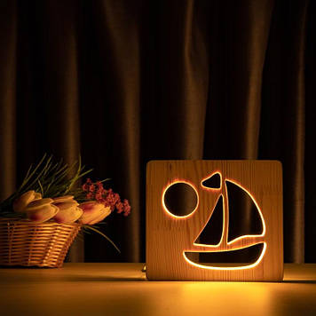 Світильник нічник ArtEco Light з дерева LED "Кораблик" з пультом та регулюванням світла, колір теплий білий