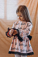 Праздничное детское платье с принтом Barbie с кружевом пудровый  цвет трикотаж хлопок 92