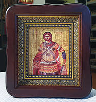 Икона Святой мученик Артемий в темном фигурном деревянном киоте под стеклом, размер киота 20×18, лик 10*12