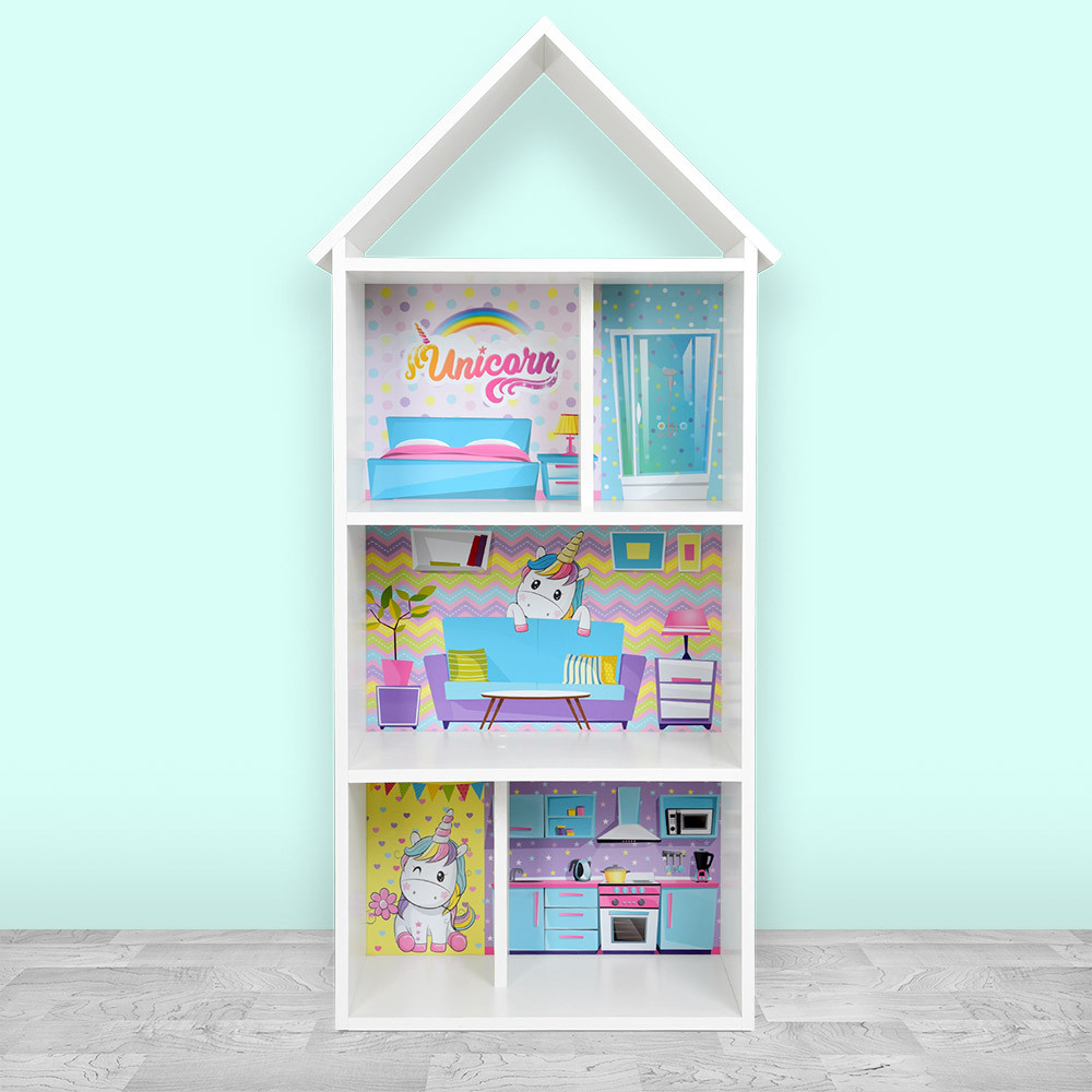 Полочка домик H 2020-1-3 детский шкафчик стеллаж домик для книг, кукол, игрушек Единорог для девочки белый - фото 2 - id-p1507264471