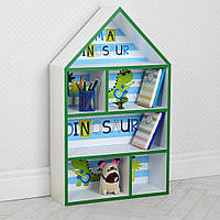 Домик-полка PLK-L-3 детский шкафчик стеллаж домик для игрушек, книг для мальчика белый с зеленым Динозавры