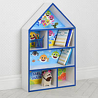 Домик-полка детский шкафчик стеллаж домик для игрушек, книг для мальчика белый с синим Акулы