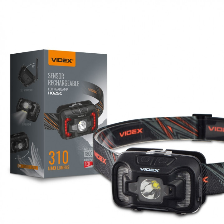 Налобний світлодіодний ліхтарик Videx H025C 310 Lm 5000 K, вбудований акумулятор 1800mAh