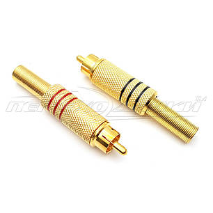 Роз'єм штекер RCA під шнур із пружиною (метал), Gold (3 смужки), фото 1