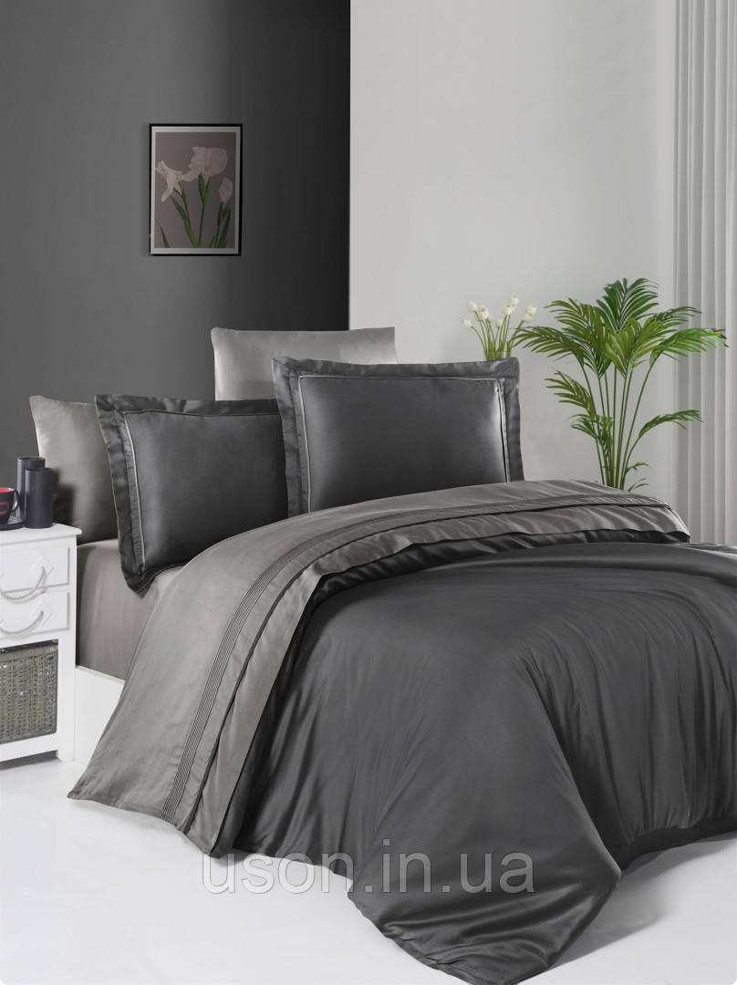 Комплект постільної білизни сатин de luxe двоколірний First choice євро розмір 200*220 Anthracite/Smoke, фото 1