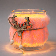 Скляний новорічний рожевий підсвічник - стакан "Пухнастий олень" 8х7 см
