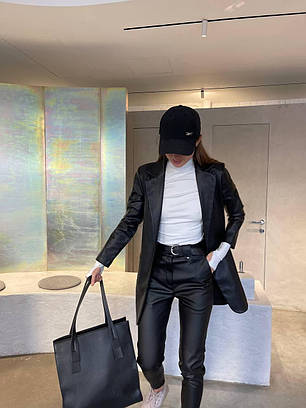 Брюки жіночі стильні теплі з екошкіри на флісі з кишенями Bld260, фото 2