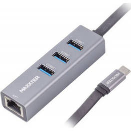 Концентратор Maxxter Type-C to Gigabit Ethernet, 3 Ports USB 3.0 (NECH-3P-02) - оригінал