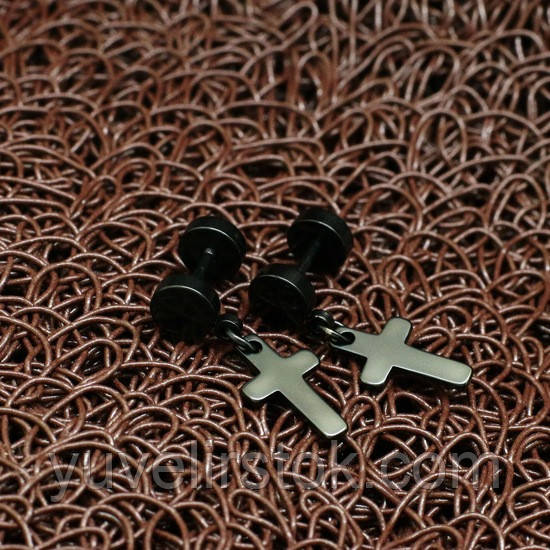 Чорні сережки вкрутки з медичної сталі "Хрестики"
