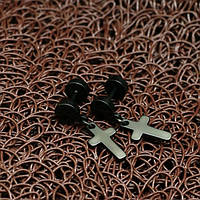 Чорні сережки вкрутки з медичної сталі "Хрестики"