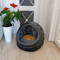 Домик лежак для собак и кошек 50 см Серый Велюр, игрушка-косточка