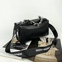 Жіноча шкіряна сумка з двома ремінцями через і на плече Polina & Eiterou чорна, фото 5