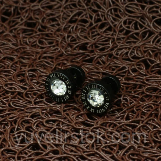 Чорні сережки вкрутки з медичної сталі "Час Картьєс", фото 1