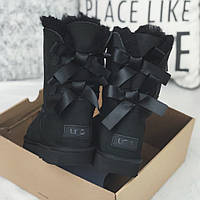 Женские высокие угги Ugg Black 2 Stripe овчина чёрные замшевые с лентами