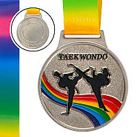 Медаль спортивная с лентой TAEKWONDO C-0345 серебро