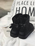 Уги жіночі UGG Mini Bailey Bow Black чорні мінітривалі натуральний замш на хутрі зі стрічками, фото 9