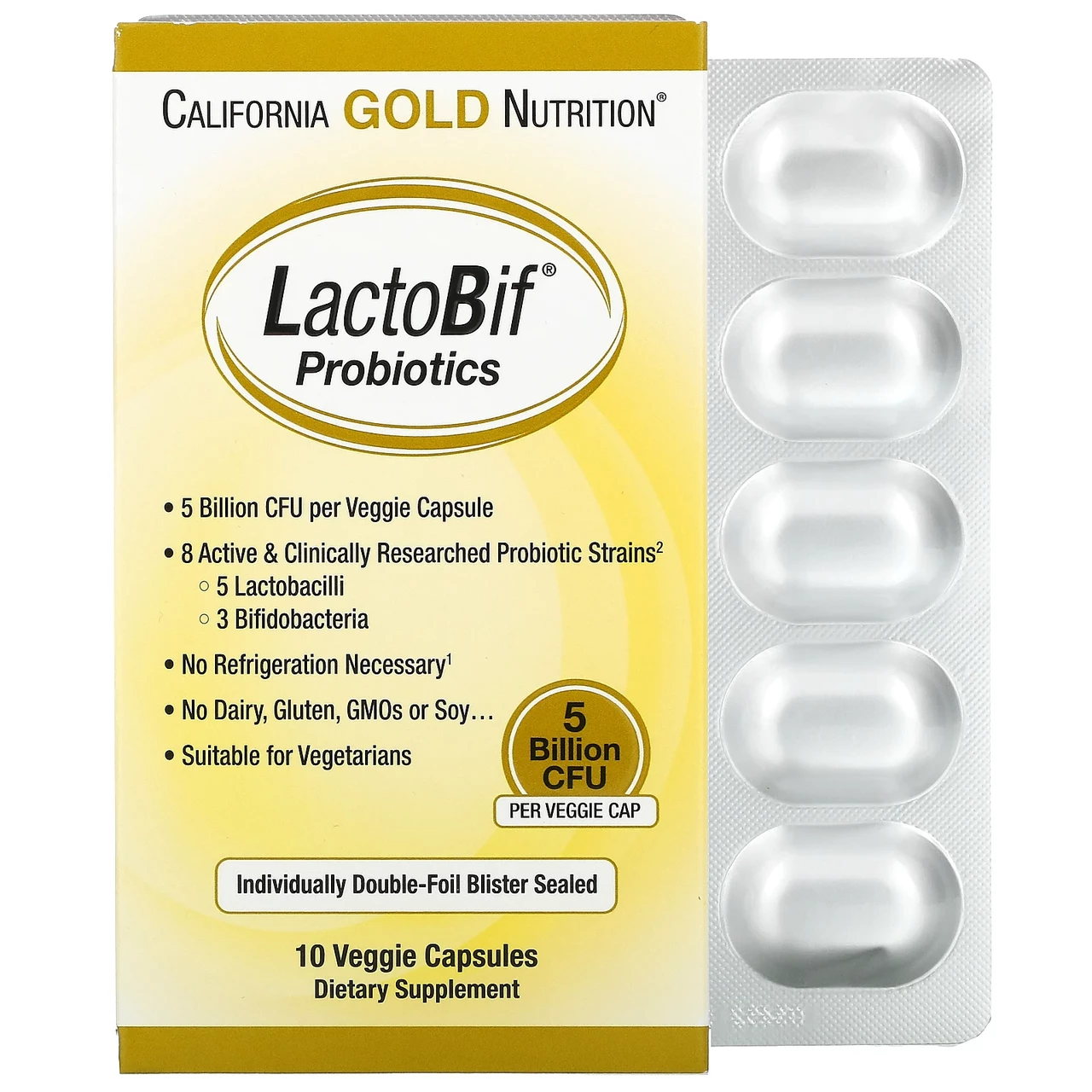 California Gold Nutrition, LactoBif, пробиотики, 5 млрд КЕ, 10 Кам’яні капсули рослин, Київ, фото 1