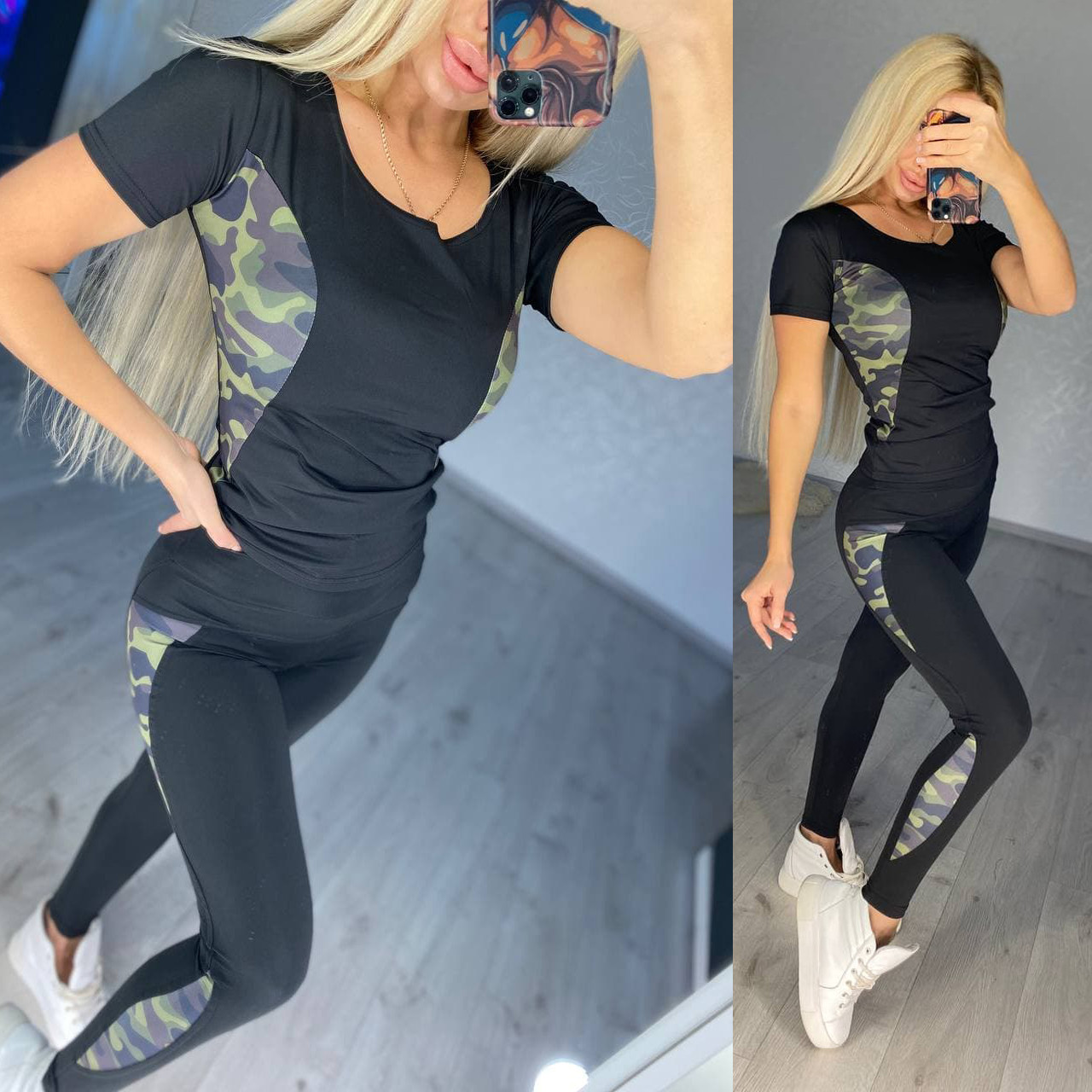 Спортивний комплект для спорту лосини та футболка камуфляж