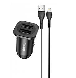 Автомобільний зарядний пристрій з кабелем Lightning Apple 2USB порти HOCO NZ4 |2USB 2.4A 24W| Чорний