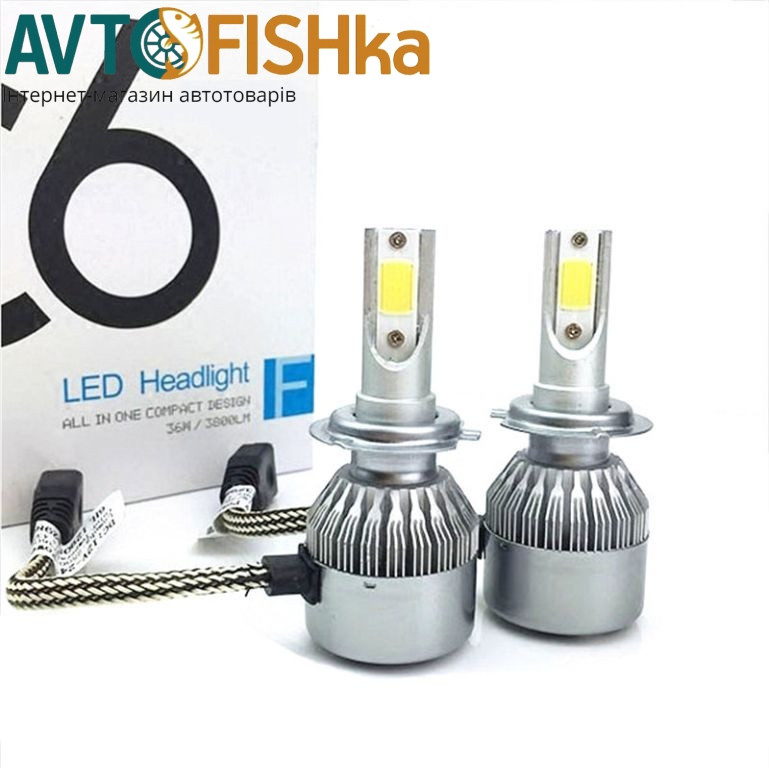 Комплект діодних ламп LED H7 C6 12V-24 V 6000 K CHIP COB (метал. корпус) радіатор із вентилятором, фото 1