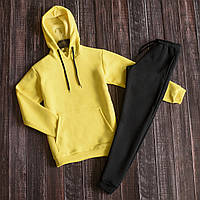 Спортивний костюм осінній з капюшоном без написів Худі кенгуру жовте та чорні штани з кишенями Трикотаж х\б