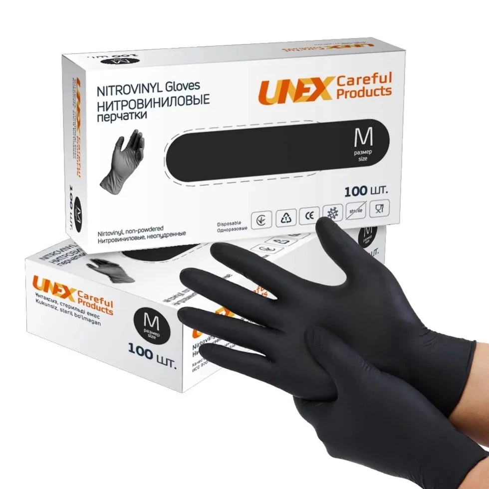 Нітрилові рукавички, Unex розмір M (100 шт./пач.) Чорні