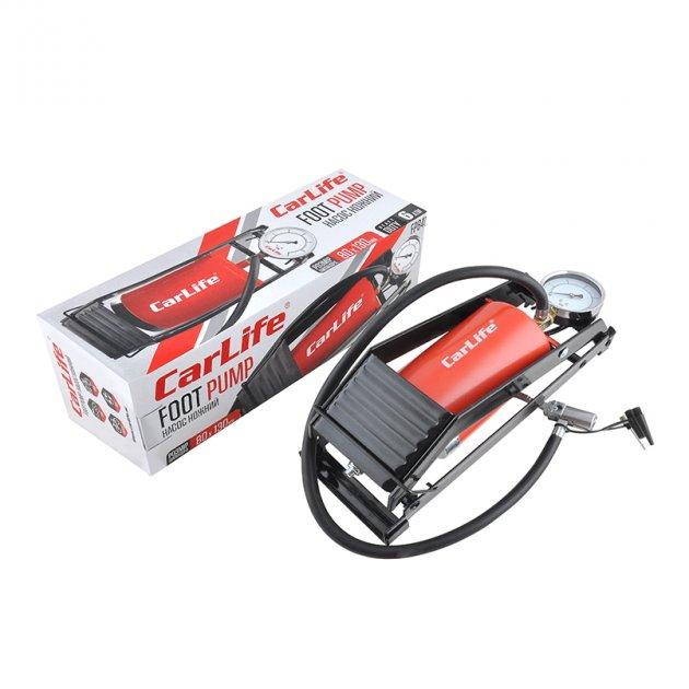 Помпа ножна CARLIFE 80ммx130мм, одноциліндрова з манометром та дод. адаптерами, 10 Атм (10шт/уп), фото 1