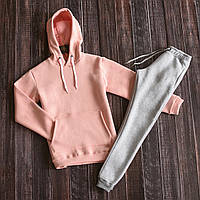 Костюм спортивний зимовий, осінній Толстовка з капюшоном рожева і сірі штани на манжетах Кенгурушка, Худі