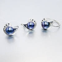 Комплект прикрас зі срібла з синіми перлами та чорними фіанітами каблучка та сережки