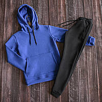 Худі і штани спортивні Осінь-Зима Синя Кофта з капюшоном і штани чорні з манжетами. Трикотаж Бавовна 80%