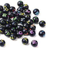 Бусини букви акрил круглі крафт стиль чорні колір-мікс 7-8 мм 25 г приблизно 90 шт. УТ100024789