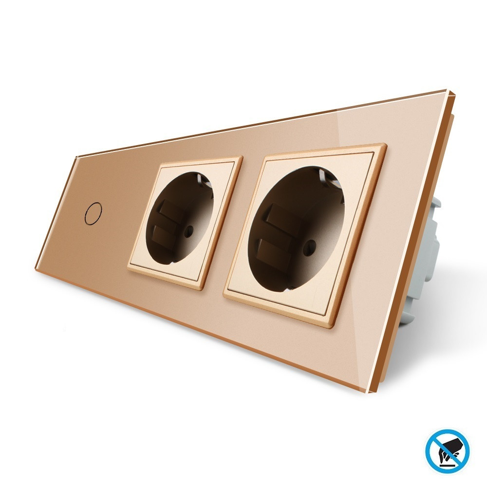 Безконтактний вимикач 1 сенсор 2 розетки Livolo золото скло (VL-C701/C7C2EU-PRO-13)