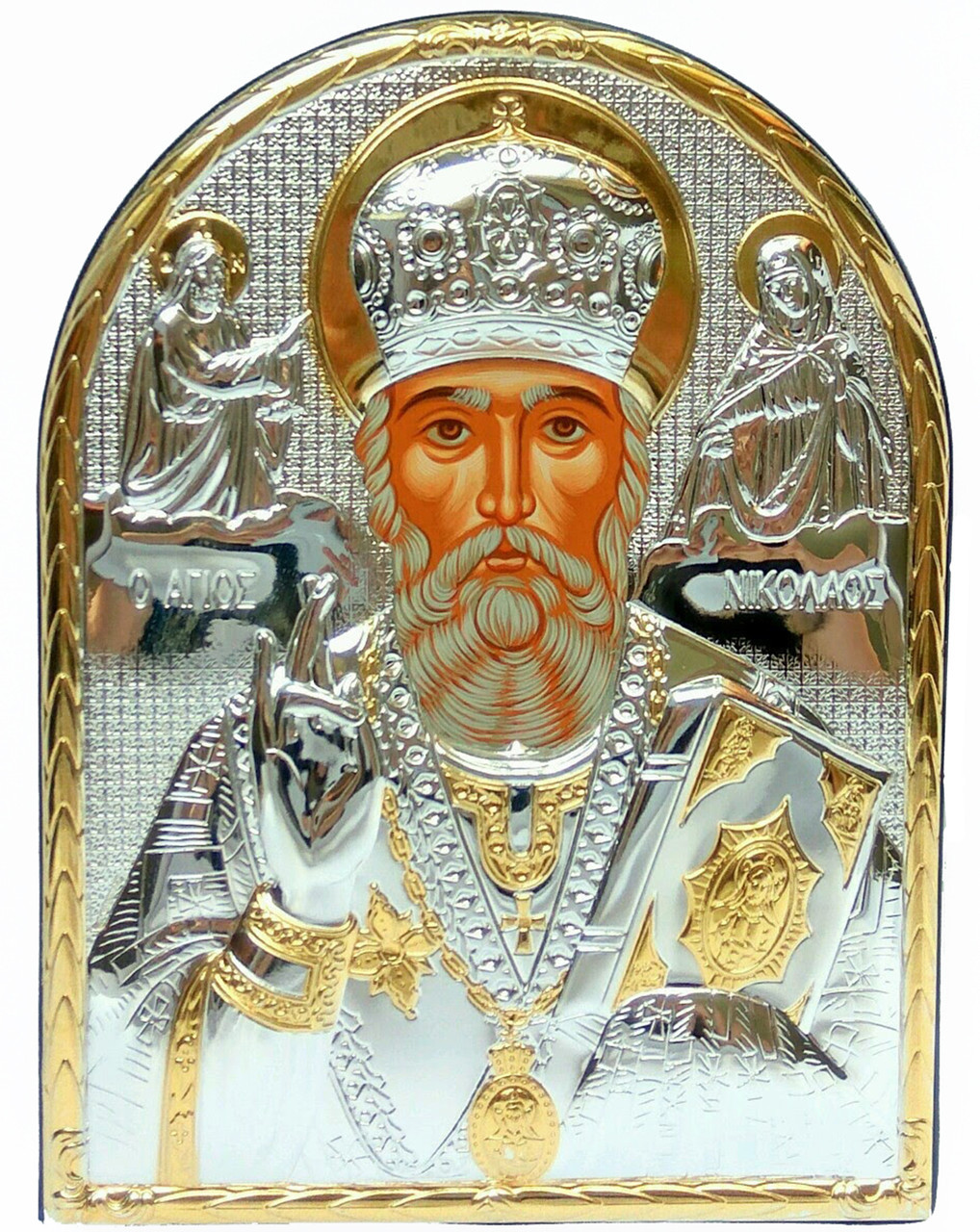 Миколай Чудотворець, грецька ікона у сріблі з позолотою у шкірі 16,5х21,5см