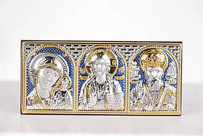 Триптих значок в машині на блакитному тлі Казанська, Ісус, Миколай 4,5x10 см