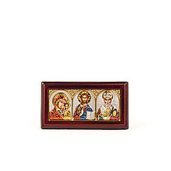 Іконки в салон авто триптих з різнобарвною емаллю на дереві, іконостас в машину - автомобільна ікона 9,3х5см