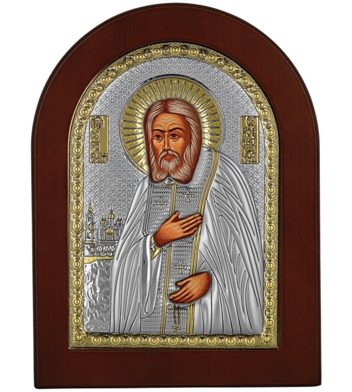 Срібна ікона Серафим Саровський 15х21см у коричневому дереві, фото 1