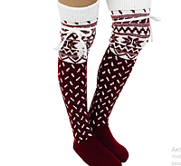 Модные вязанные теплые бело-бордовые гетры с зимним узором, высота 60 см