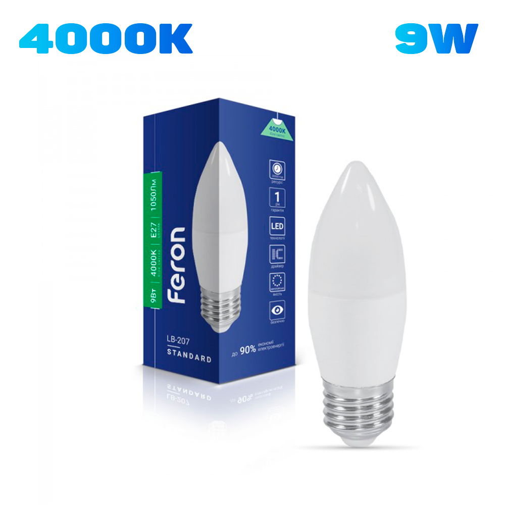 Світлодіодна лампа Feron C37 свічка LB-207 9W E27 4000K 1050 Lm, фото 1