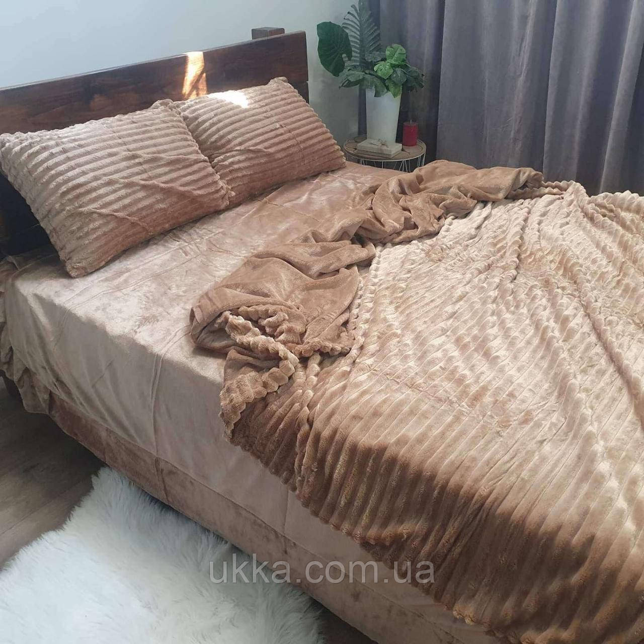 Зимова постіль велюр полоска світло-коричнева