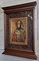 Кіот для ікони з карнизами і внутрішньої різьбленою дерев'яною рамою, фото 5