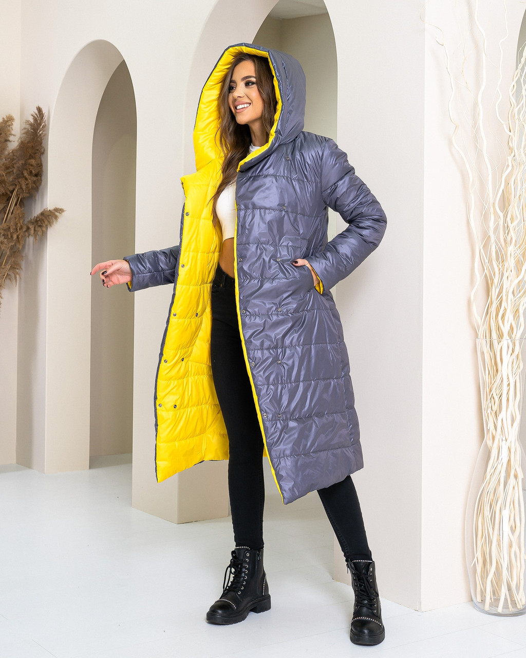 Куртка євро зима двостороння з капюшоном арт. 1007 Темно-Сірий + Жовтий