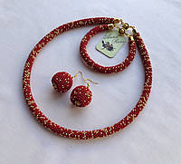 Бордовый набор украшений из бисера жгут, серьги, браслет "Золотое зернышко"