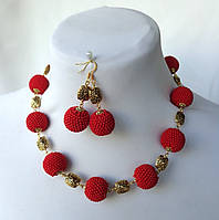 Красный набор женских украшений бусы и серьги "Этническое золото"