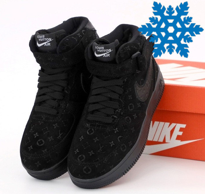Зимові чоловічі кросівки Nike Air Force 1 High LV з хутром теплі замш черные. Фото в живу. Чоботи зимові