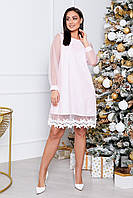 Новая коллекция!!! Нарядное платье трапеция с кружевом, полубатал, артикул 407, цвет пудра 48, Розовый