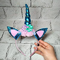 Обруч дитячий карнавальний Єдиноріг з вушками, блакитний