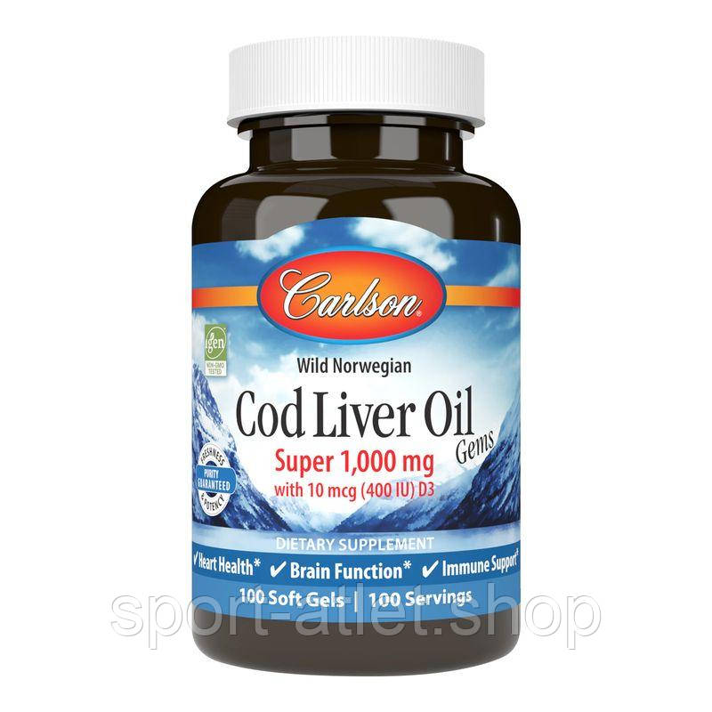 Жирні кислоти Carlson Labs Cod Liver Oil Gems Super 1000 mg, 100 капсул, фото 1