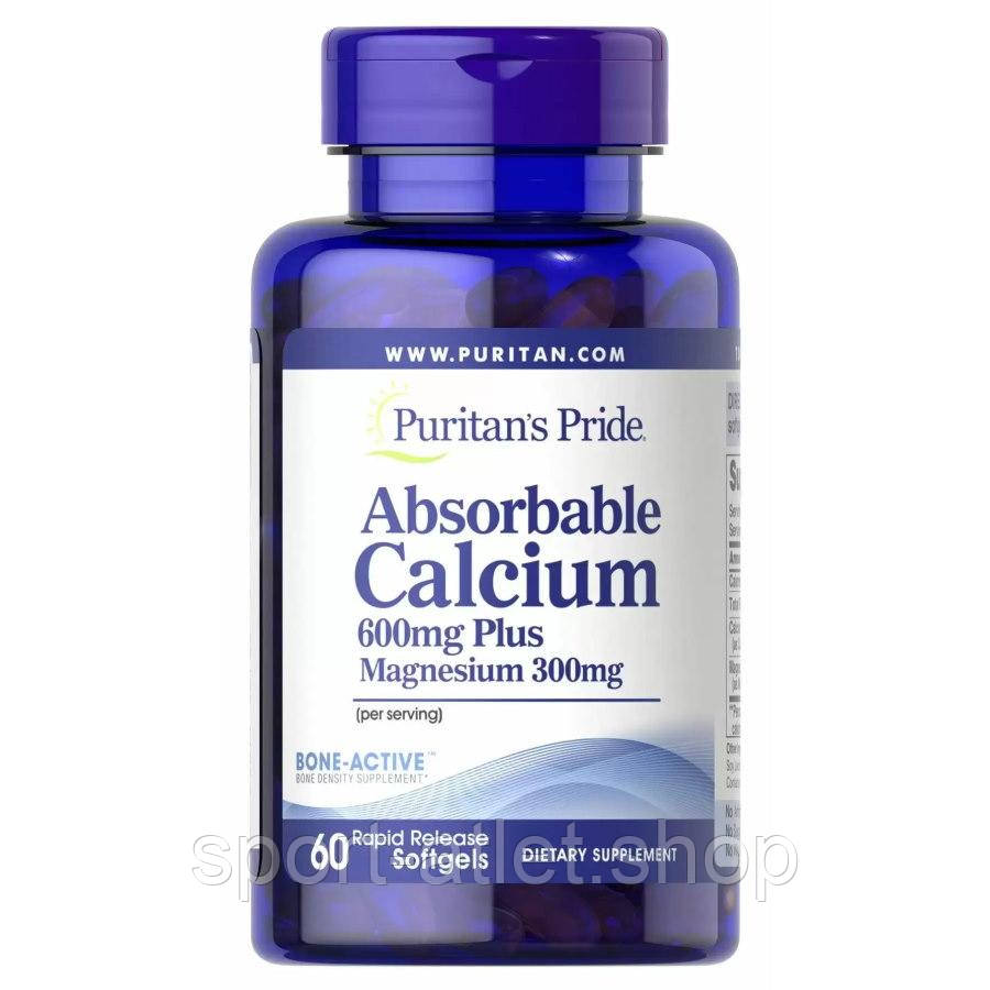 Вітаміни та мінерали Puritan's Pride Absorbable Calcium 600 mg plus Magnesium 300 mg, 60 капсул, фото 1